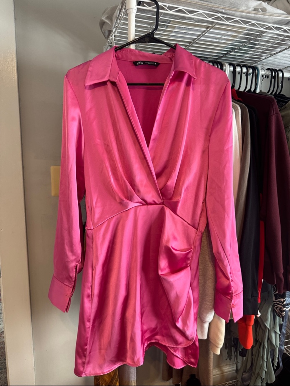 Zara Bright Pink Satin Drape Front Mini Dress